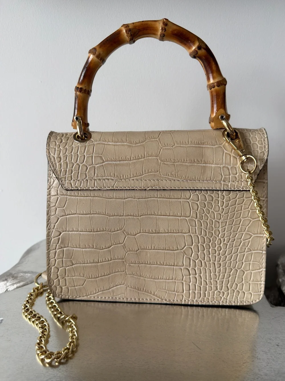 Leather Croc-Embossed Top-Handle Bag w/ Bamboo Accent | Made in Italy | Neutral